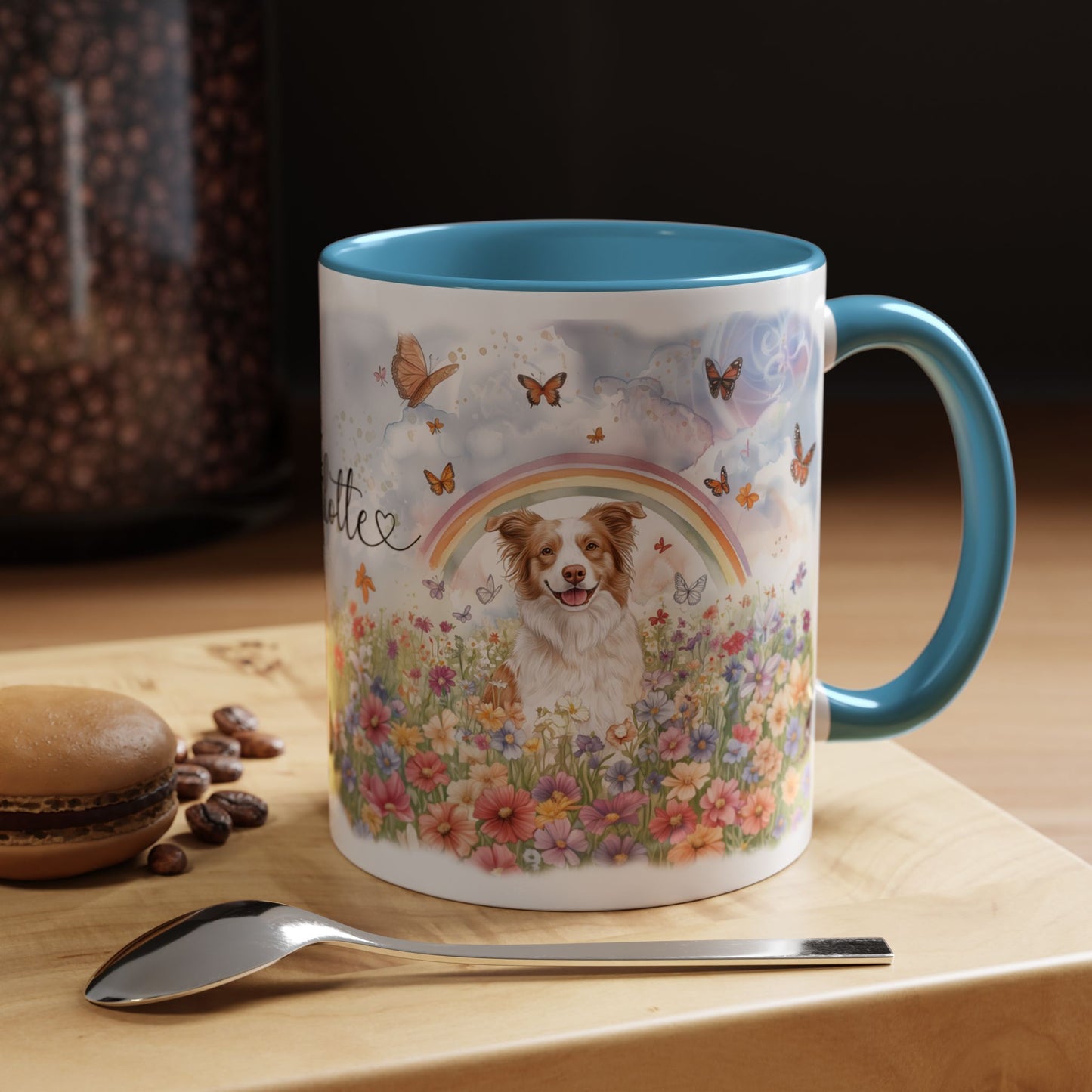 Border Collie, Red Merle Rainbow Personalized Accent Mugs, 11oz