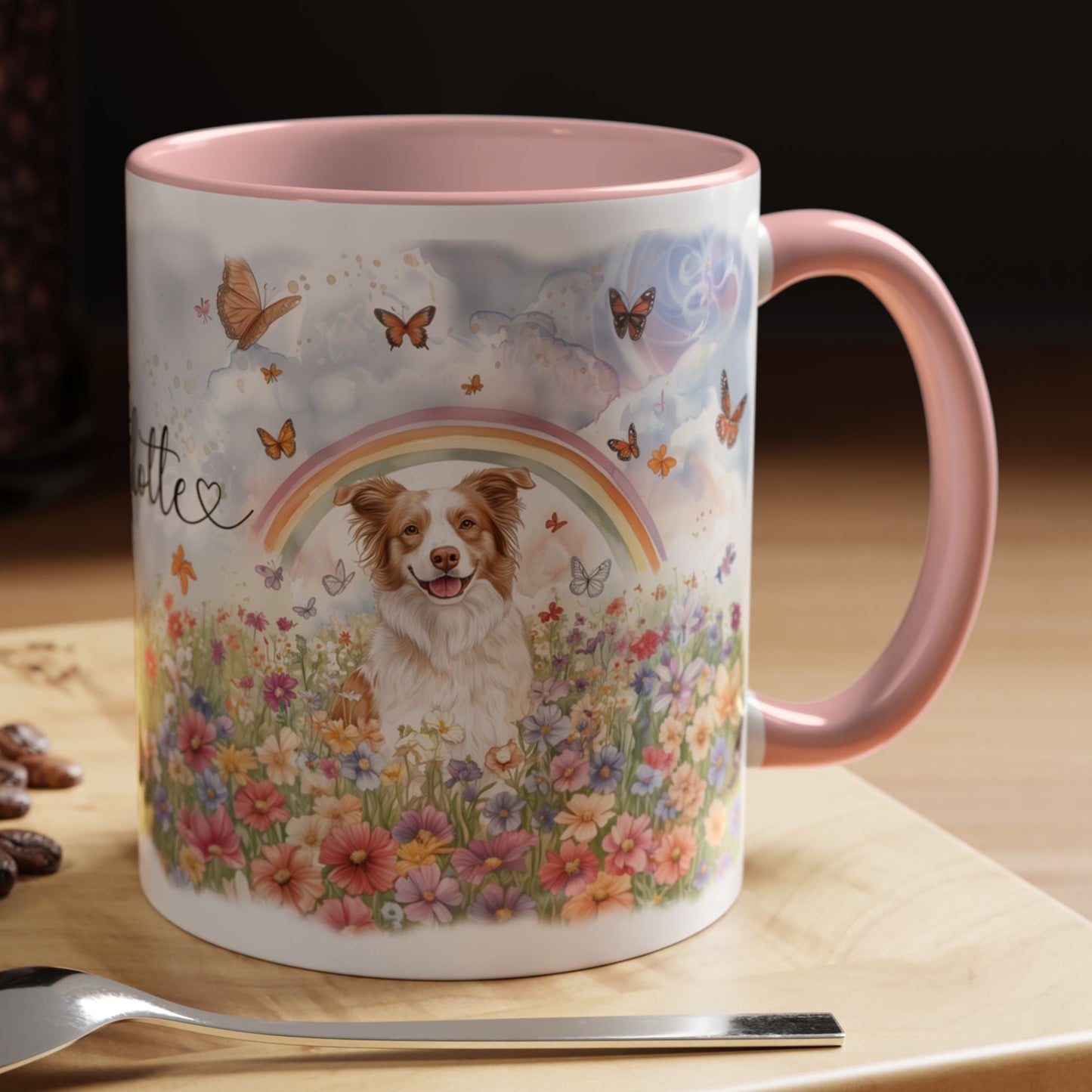 Border Collie, Red Merle Rainbow Personalized Accent Mugs, 11oz