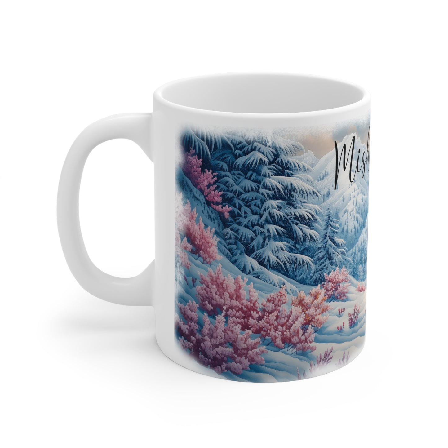 Samoyed Snow Scene Personalized White Mugs, 11oz
