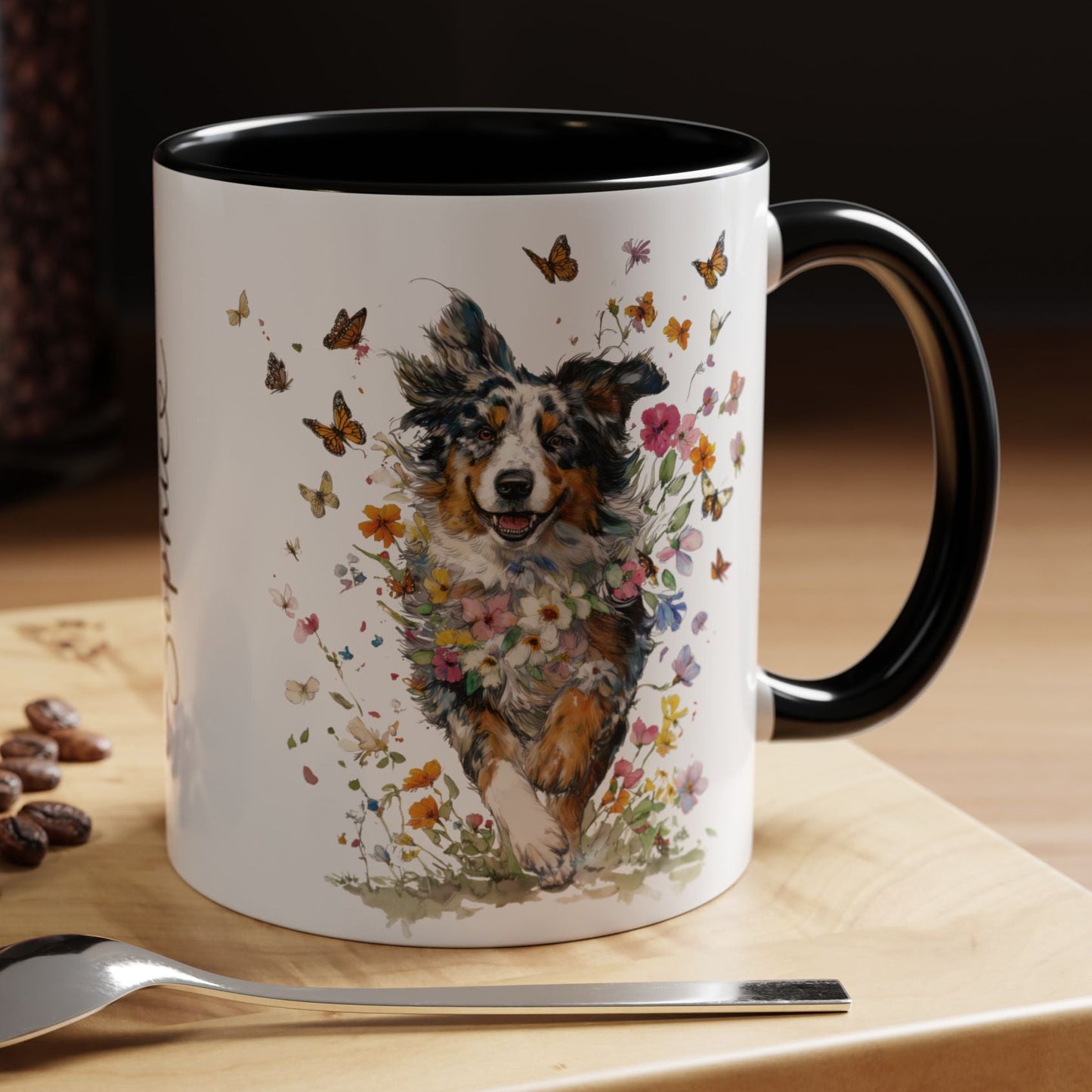 Australian Shepherd running Personalized Accent Mugs, 11oz