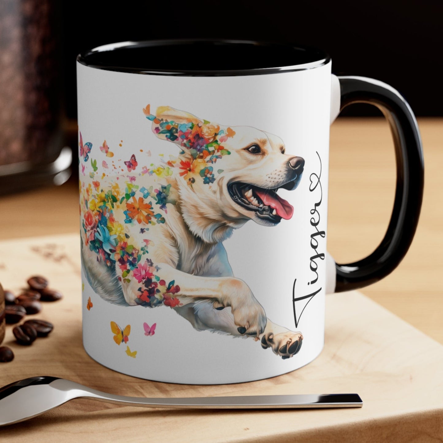 White Labrador running personalized colourful Mugs, 11oz