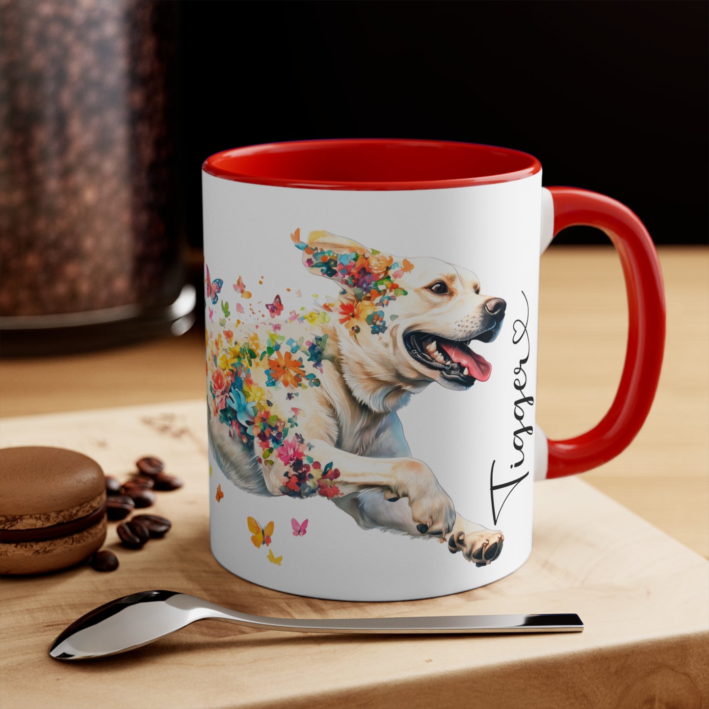 White Labrador running personalized colourful Mugs, 11oz