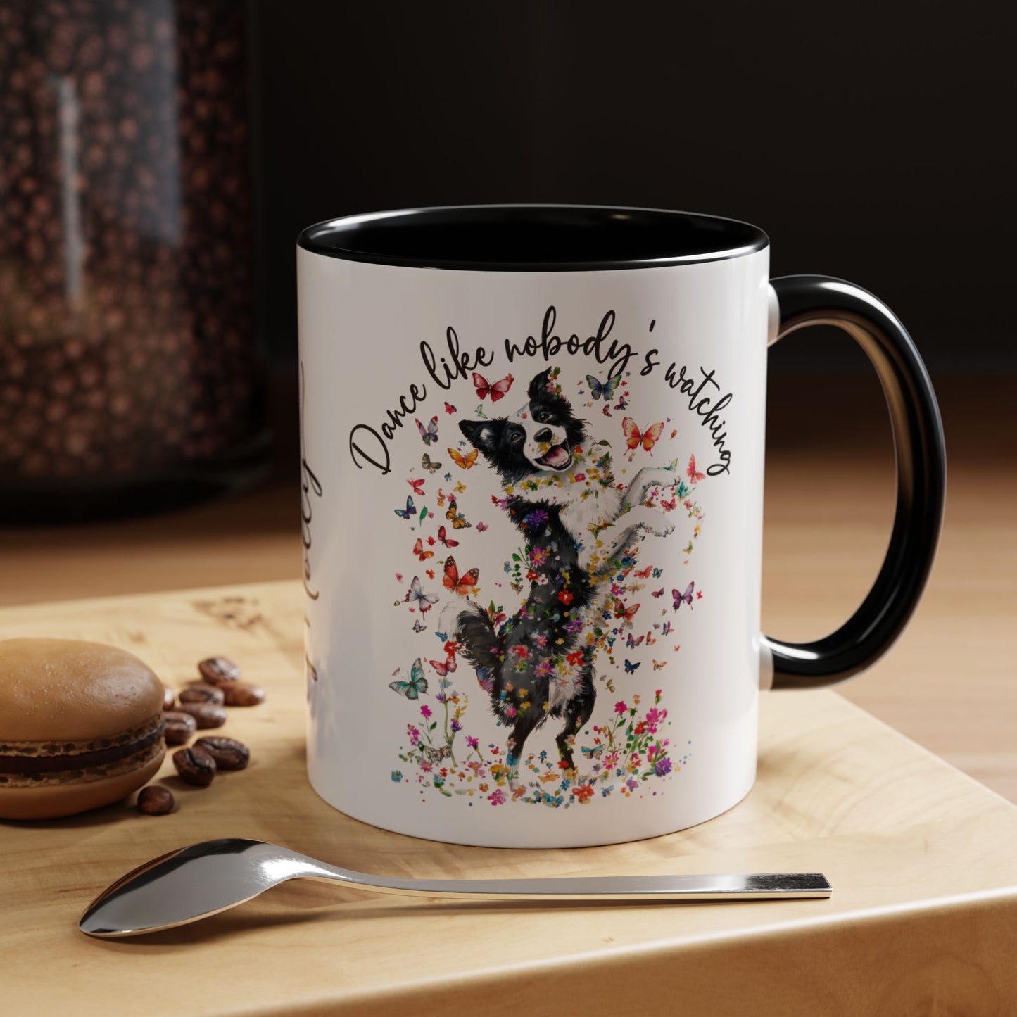 Border Collie "Dance like nobody's watching" personalized colourful Mugs, 11oz