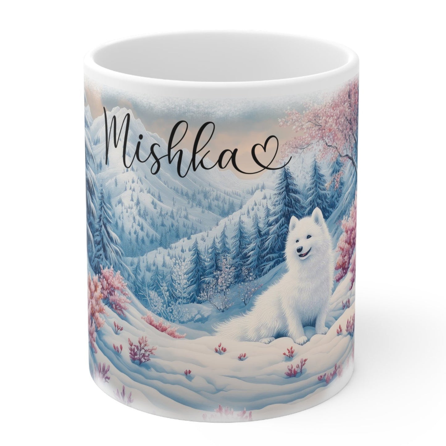 Samoyed Snow Scene Personalized White Mugs, 11oz