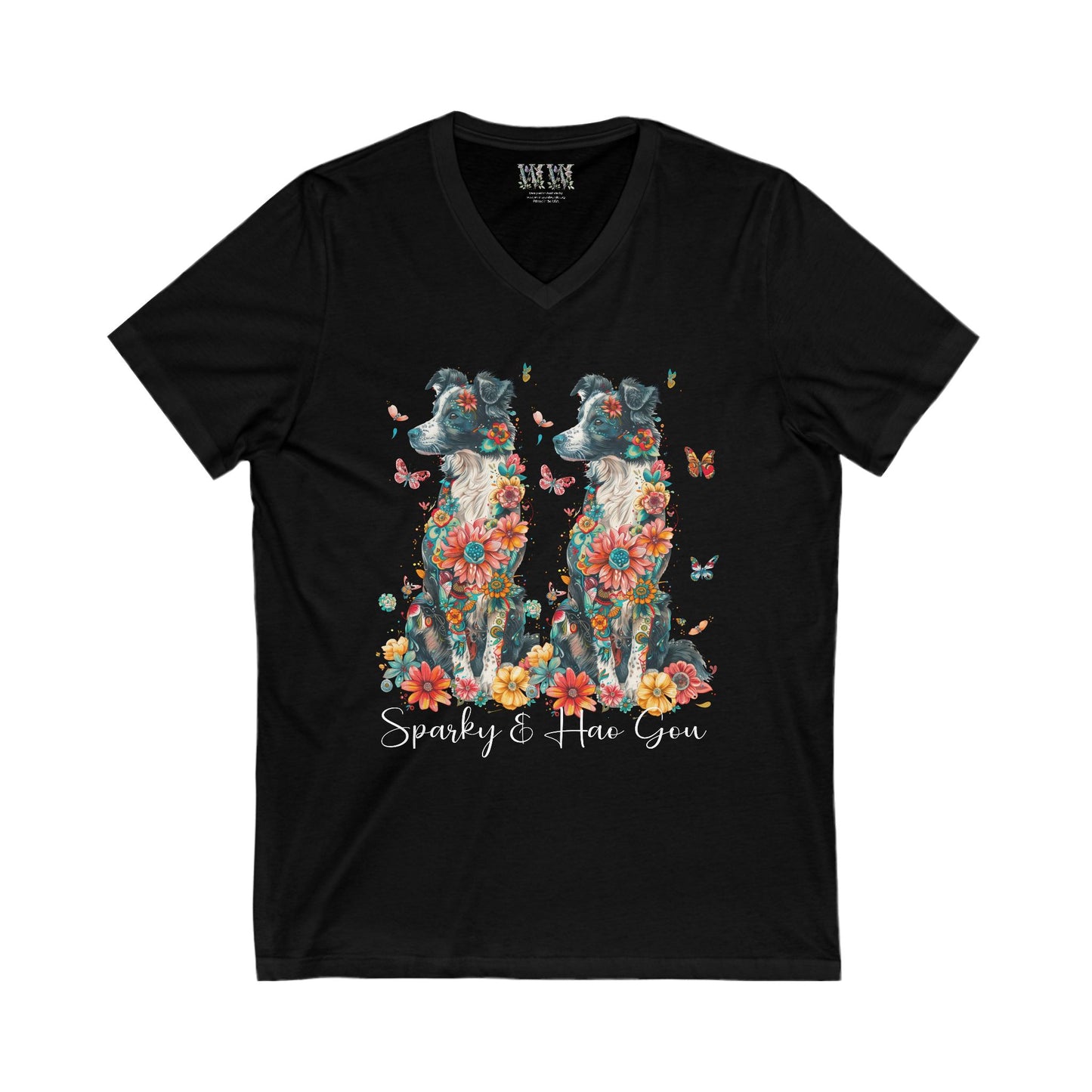 DUO Border Collie floral butterfly Short Sleeve V-Neck Tee