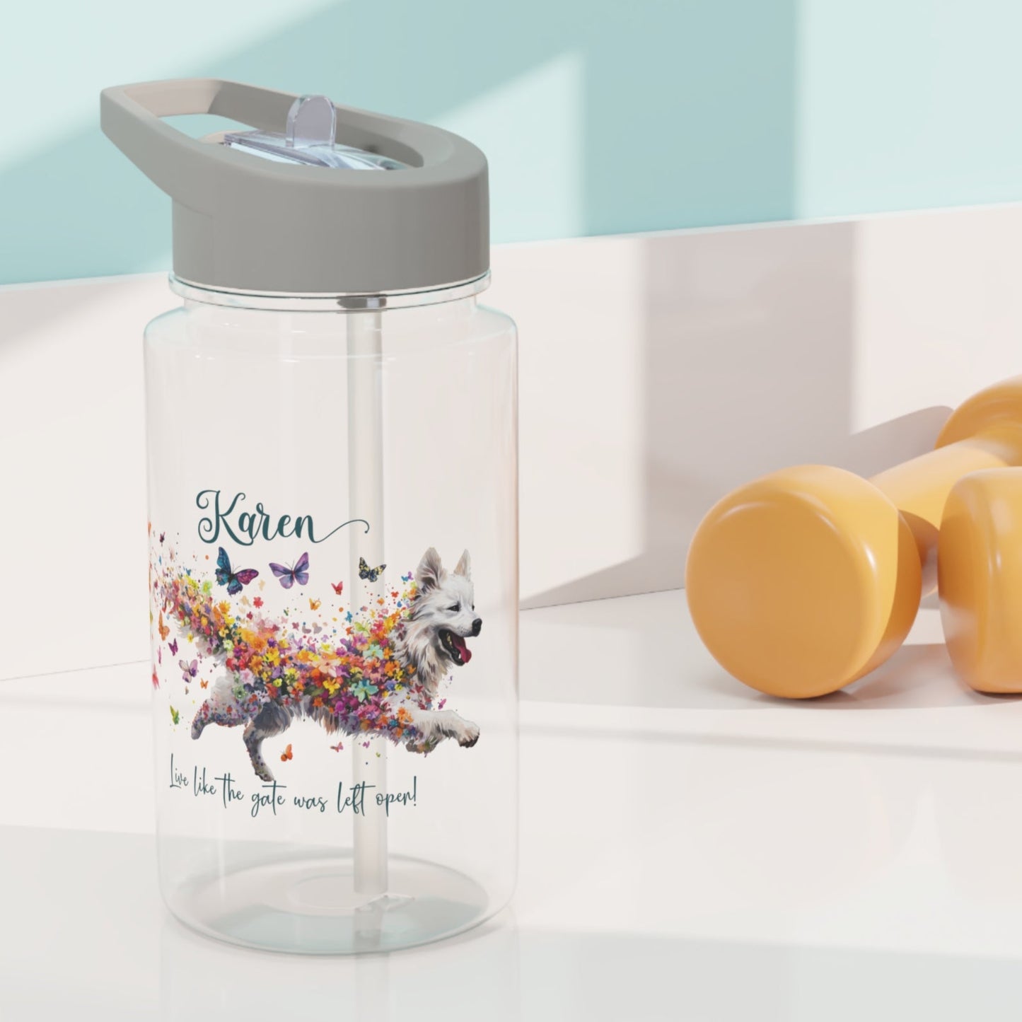 Water Bottle, Personalized, Samoyed "Live like the gate was left open". 2 sizes