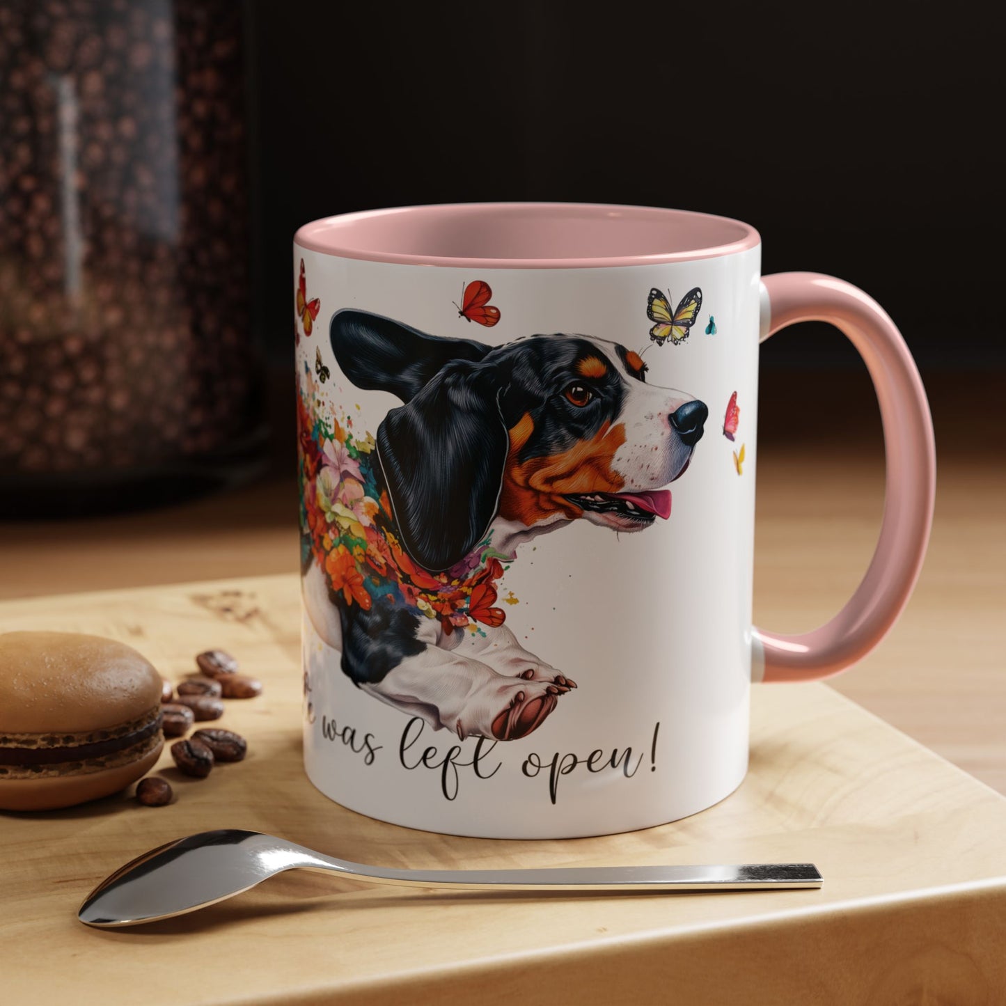Basset Hound “Live like the gate was left open" Accent Mugs, 11oz