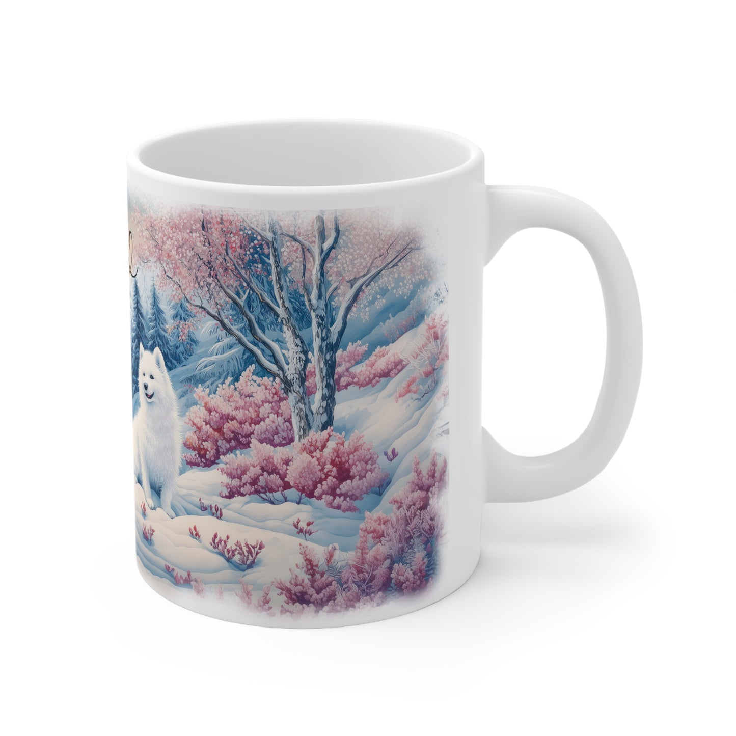 Samoyed Snow Scene Personalized White Mugs, 11oz
