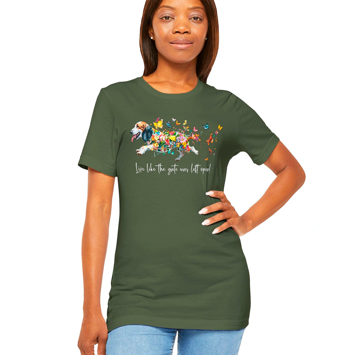 Basset Hound #1 "Live like the gate was left open" Unisex T shirt