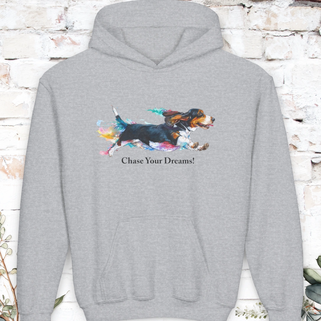 Basset Hound, Chase Your Dreams! Youth Heavy Blend Hooded Sweatshirt