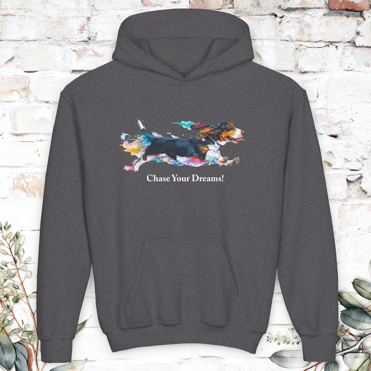 Basset Hound, Chase Your Dreams! Youth Heavy Blend Hooded Sweatshirt