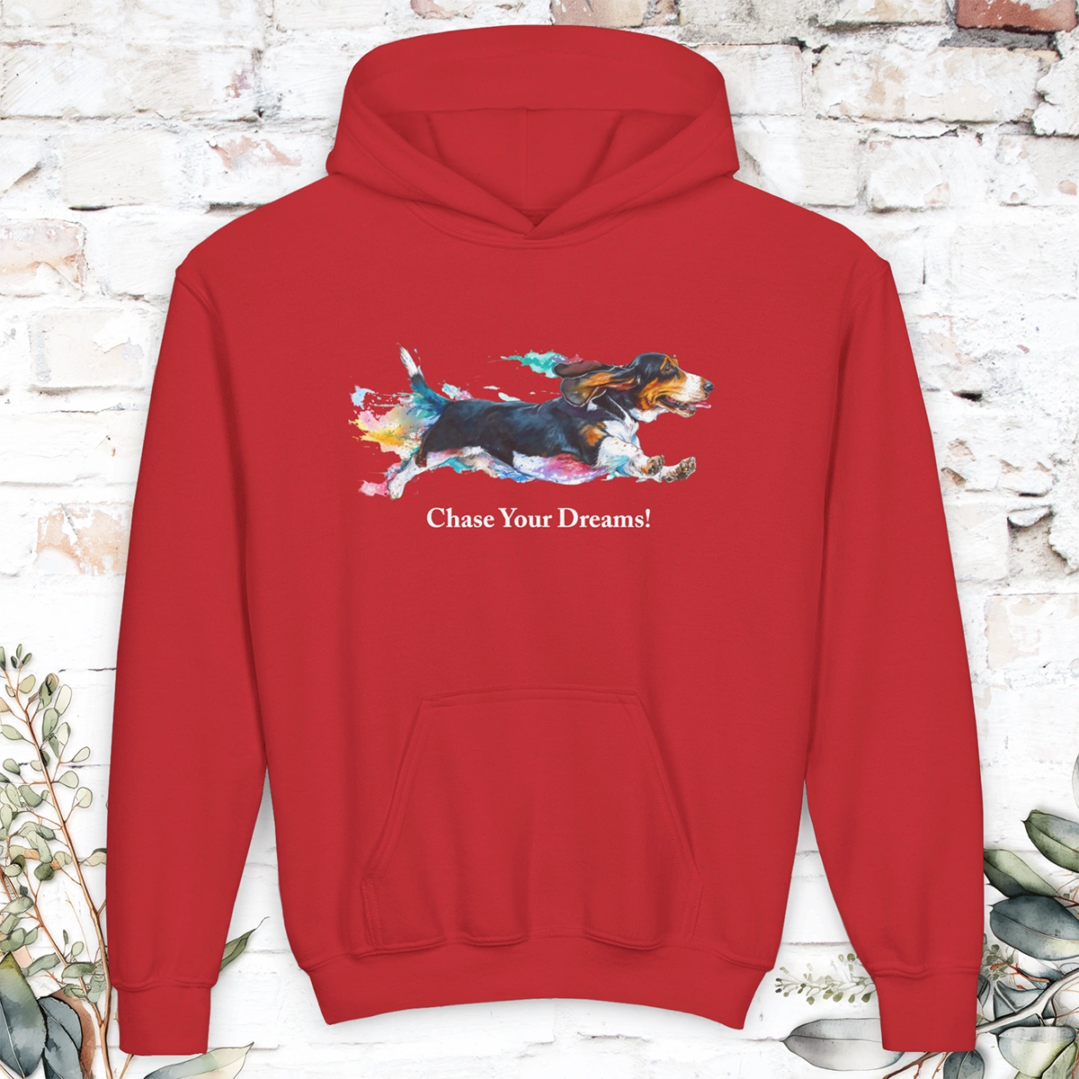 Basset Hound, Chase Your Dreams! Youth Heavy Blend Hooded Sweatshirt