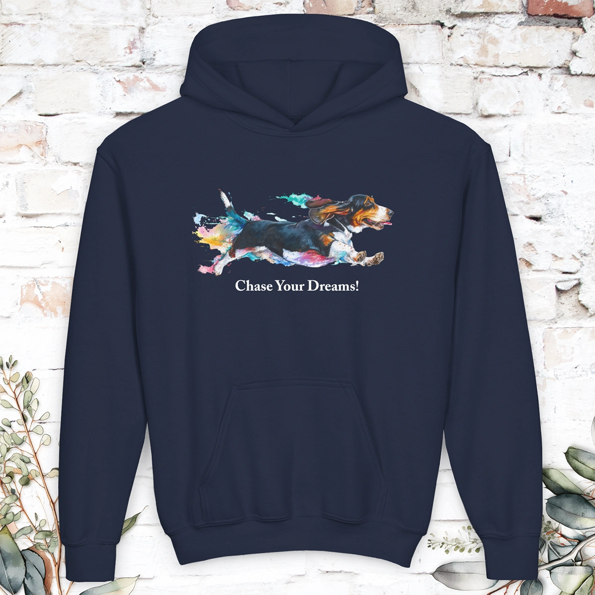 Basset Hound, Chase Your Dreams! Youth Heavy Blend Hooded Sweatshirt