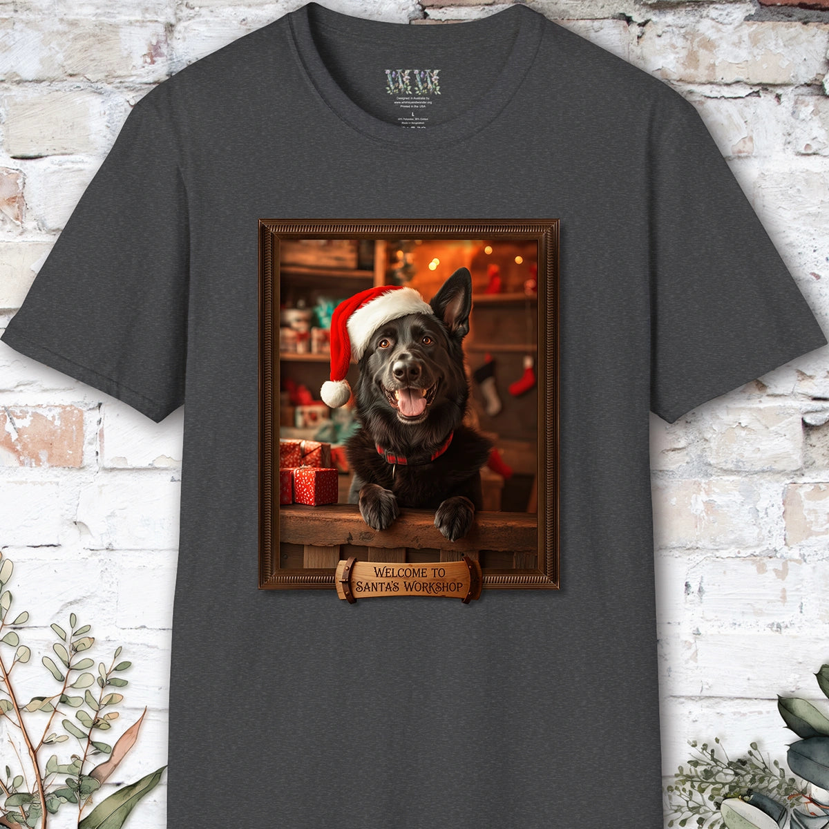 Black German Sherherd Santa's Workshop Unisex T shirt