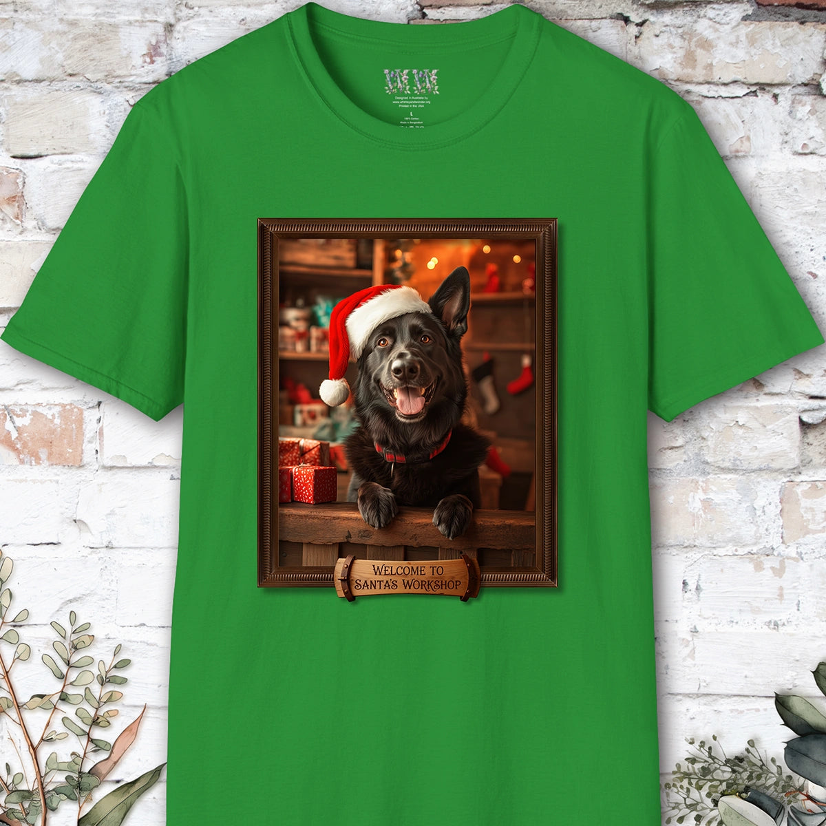 Black German Sherherd Santa's Workshop Unisex T shirt