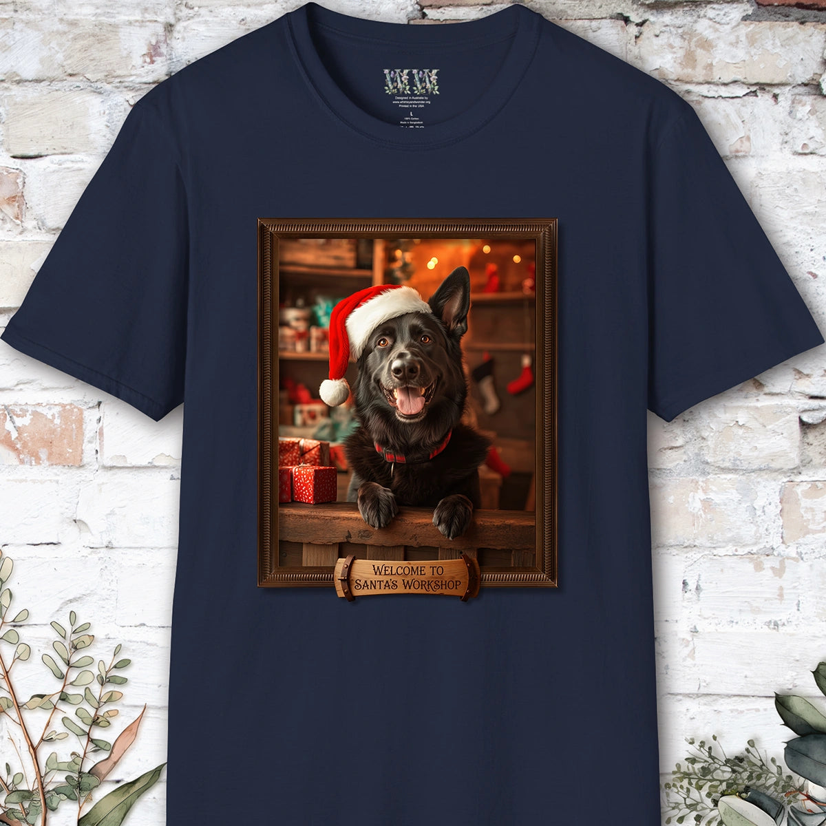 Black German Sherherd Santa's Workshop Unisex T shirt