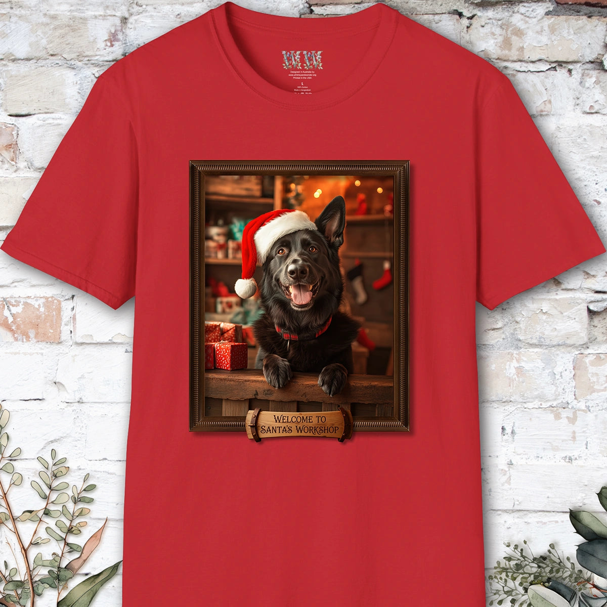 Black German Sherherd Santa's Workshop Unisex T shirt