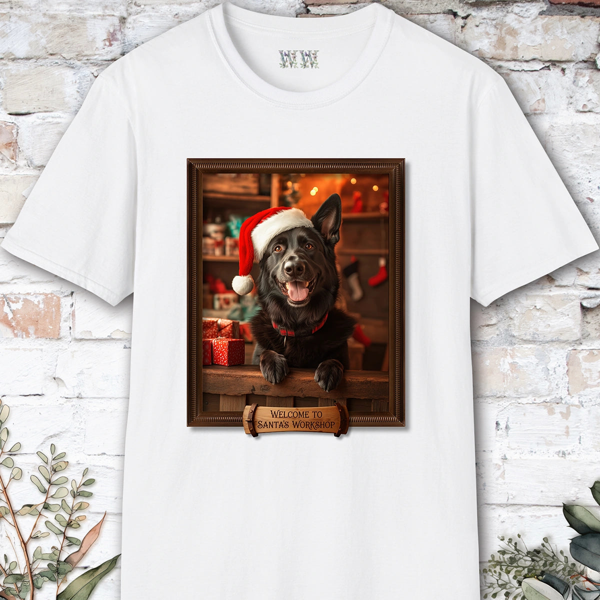Black German Sherherd Santa's Workshop Unisex T shirt