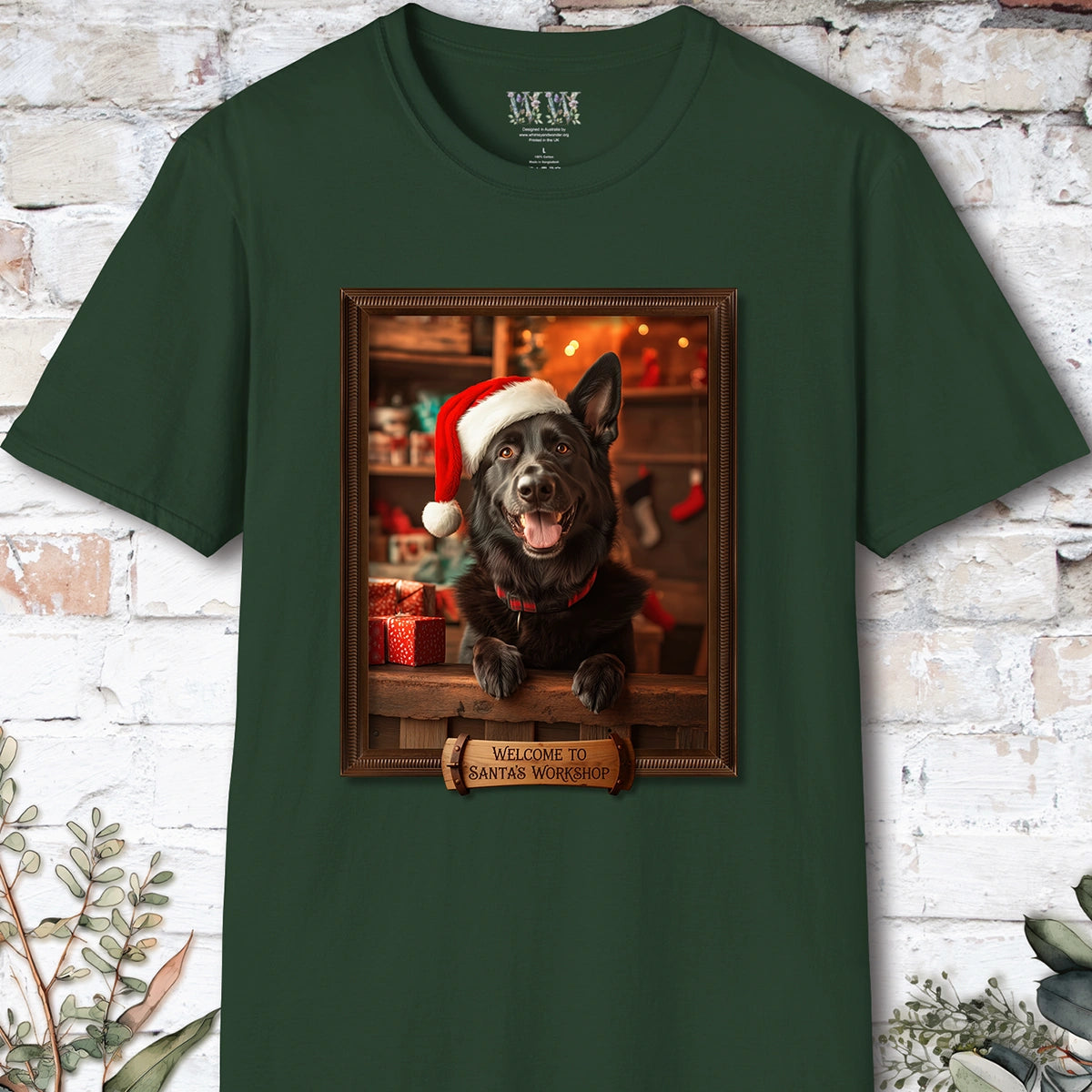 Black German Sherherd Santa's Workshop Unisex T shirt