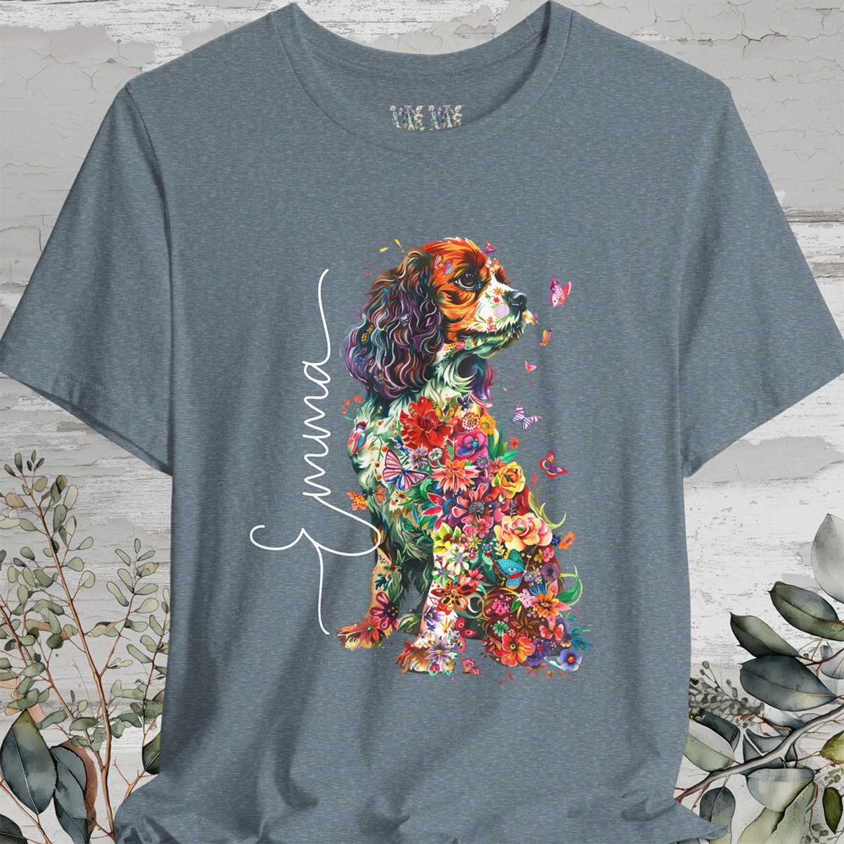 Cavalier King Charles Spaniel (Blenheim) Floral Personalized T shirt