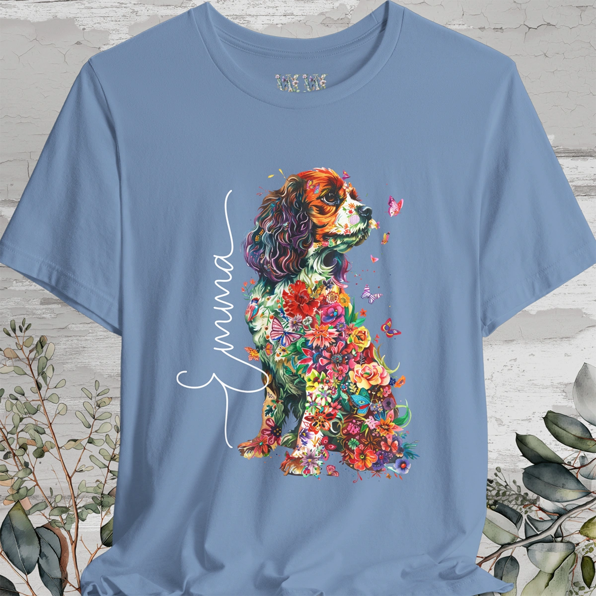Cavalier King Charles Spaniel (Blenheim) Floral Personalized T shirt