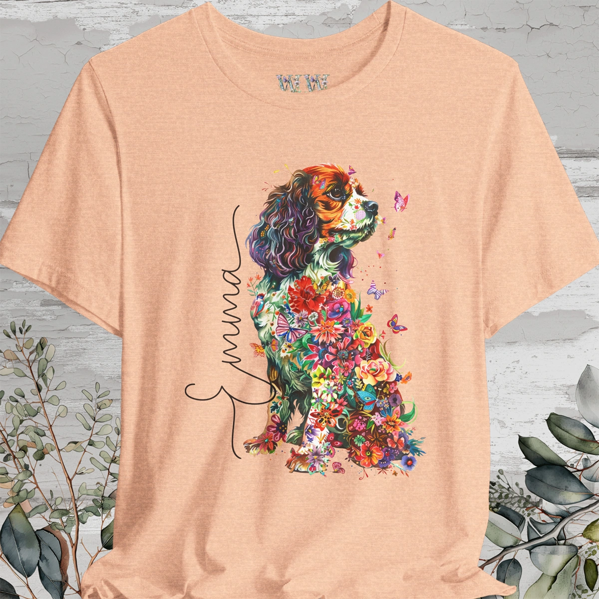 Cavalier King Charles Spaniel (Blenheim) Floral Personalized T shirt