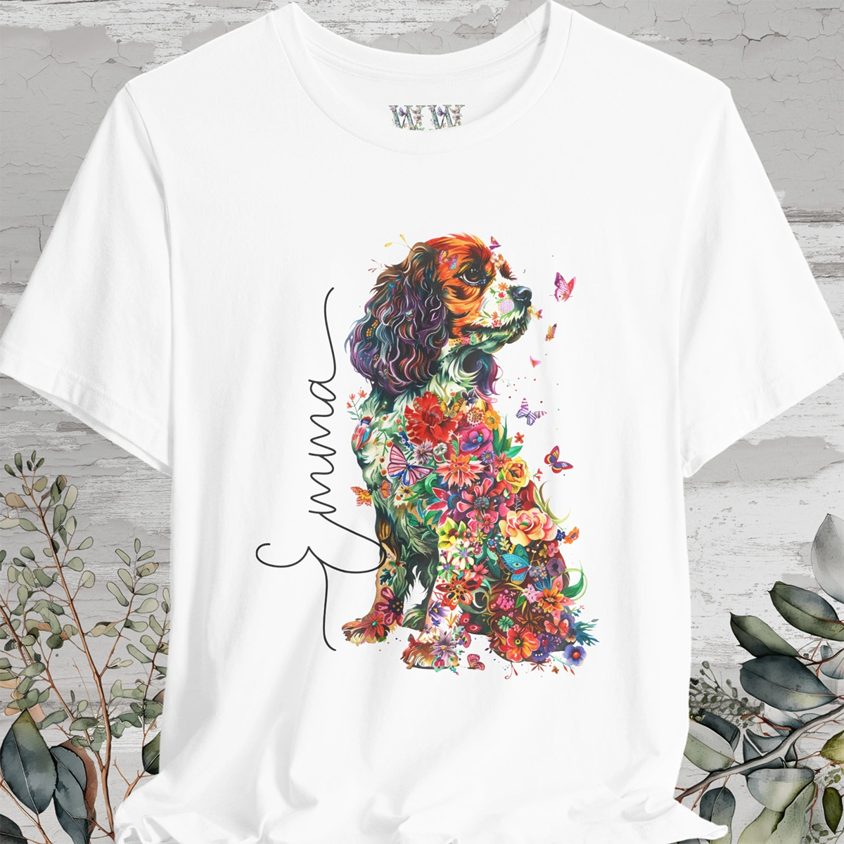 Cavalier King Charles Spaniel (Blenheim) Floral Personalized T shirt