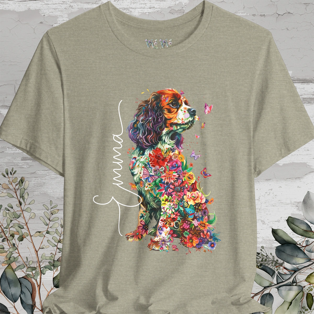 Cavalier King Charles Spaniel (Blenheim) Floral Personalized T shirt