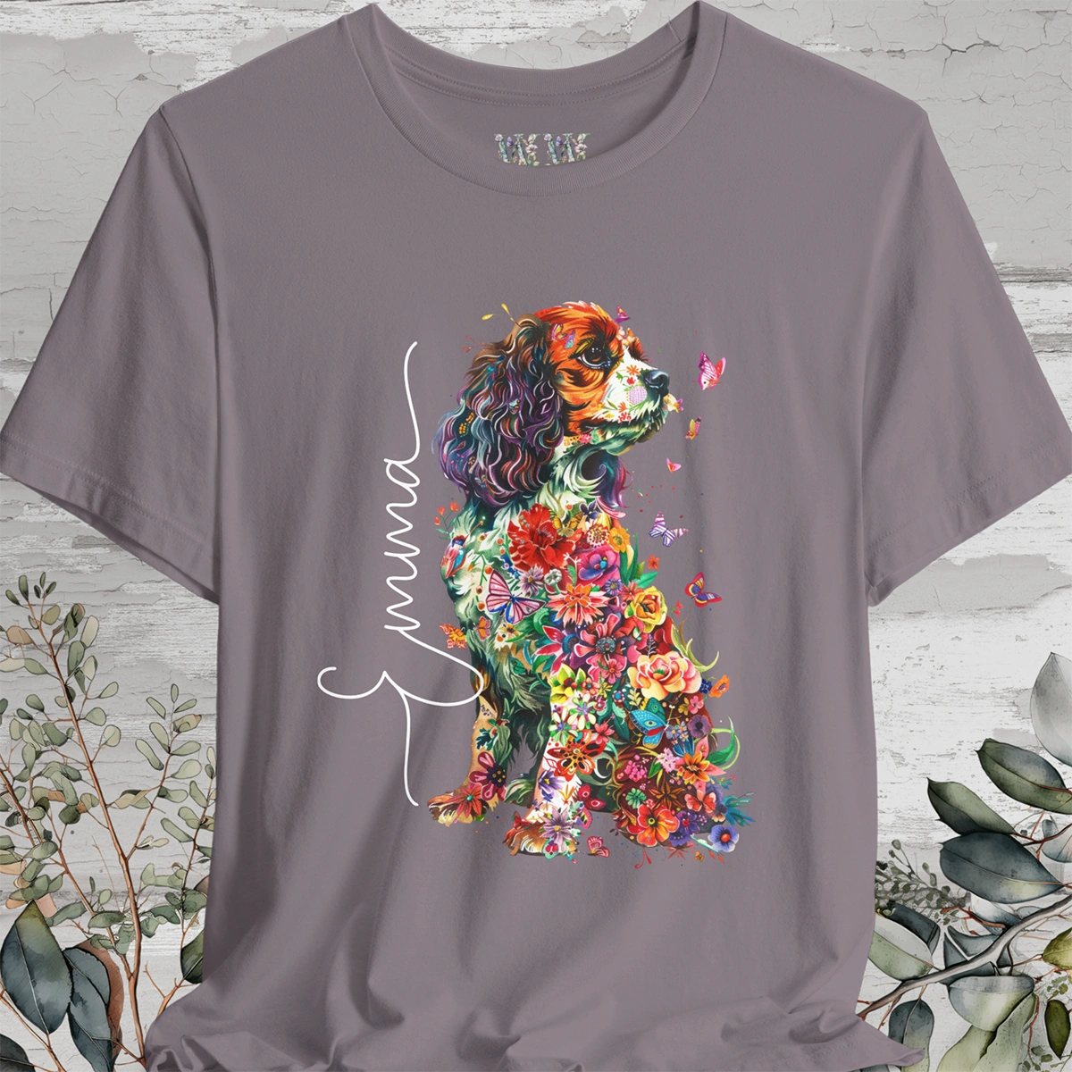 Cavalier King Charles Spaniel (Blenheim) Floral Personalized T shirt
