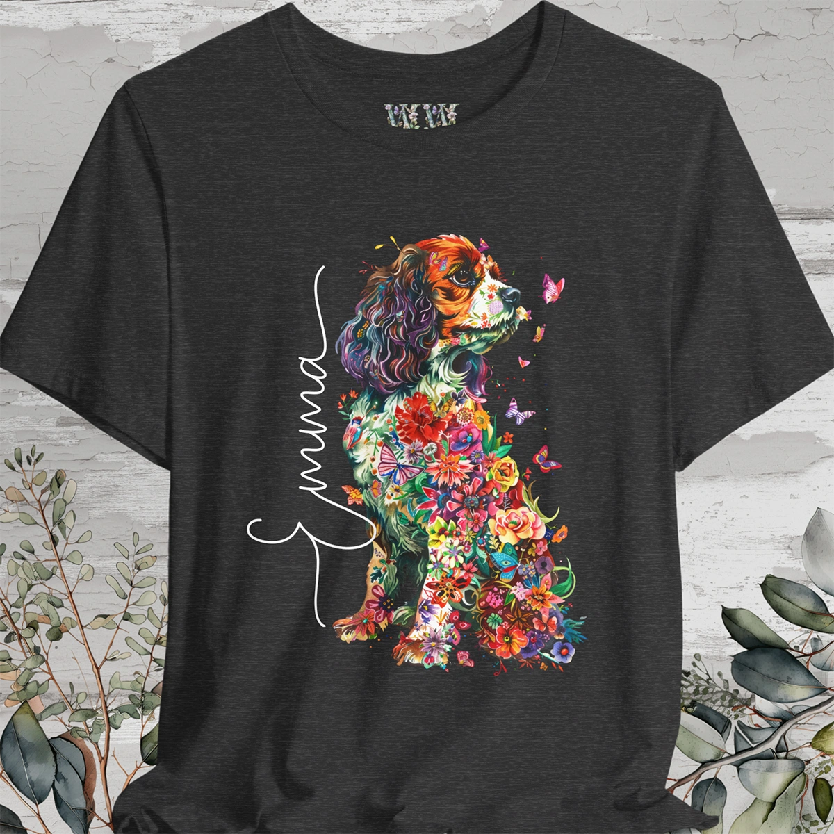 Cavalier King Charles Spaniel (Blenheim) Floral Personalized T shirt
