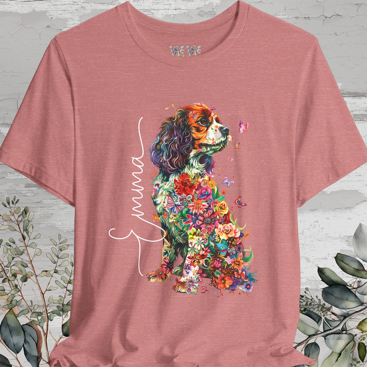 Cavalier King Charles Spaniel (Blenheim) Floral Personalized T shirt