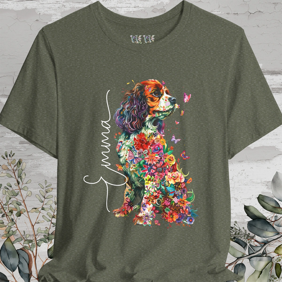 Cavalier King Charles Spaniel (Blenheim) Floral Personalized T shirt
