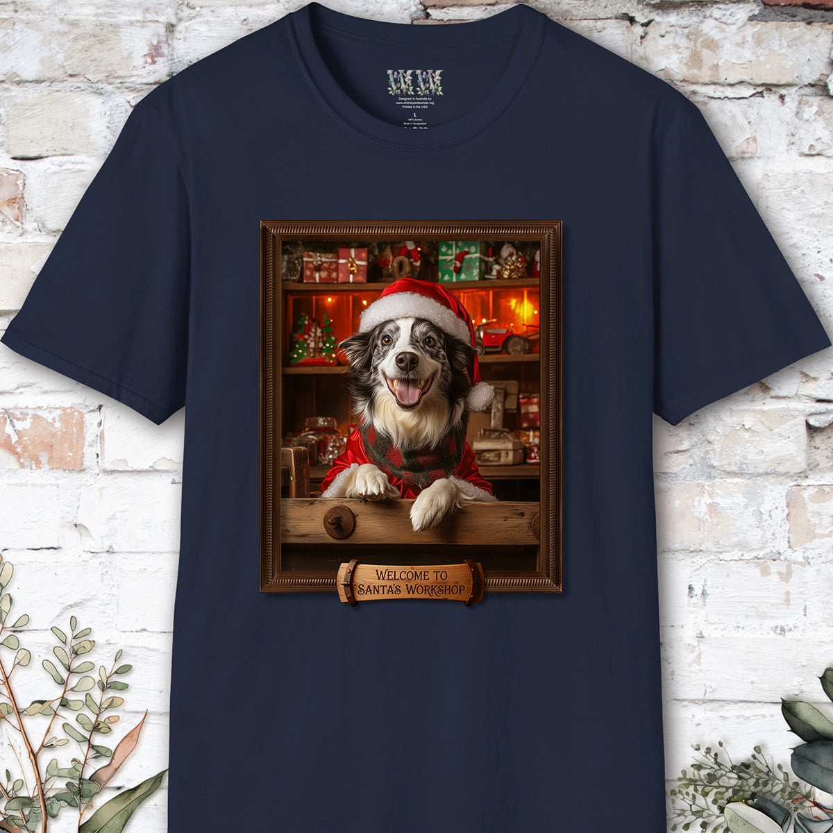 Border Collie Blue Merle Santa's Workshop Unisex T shirt