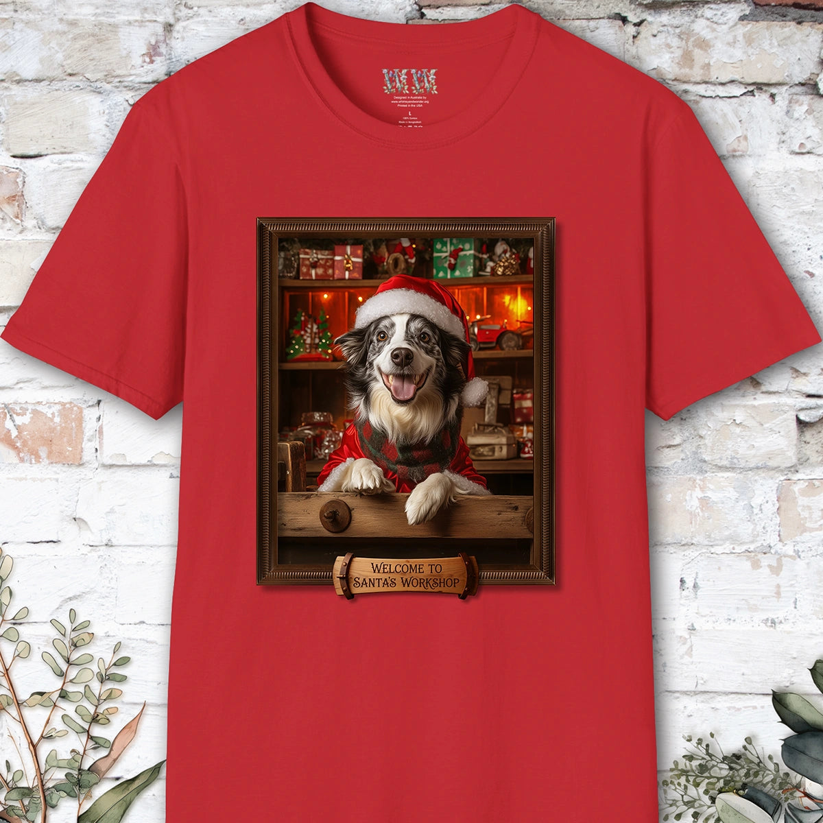 Border Collie Blue Merle Santa's Workshop Unisex T shirt