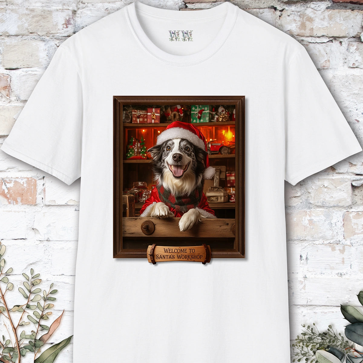 Border Collie Blue Merle Santa's Workshop Unisex T shirt