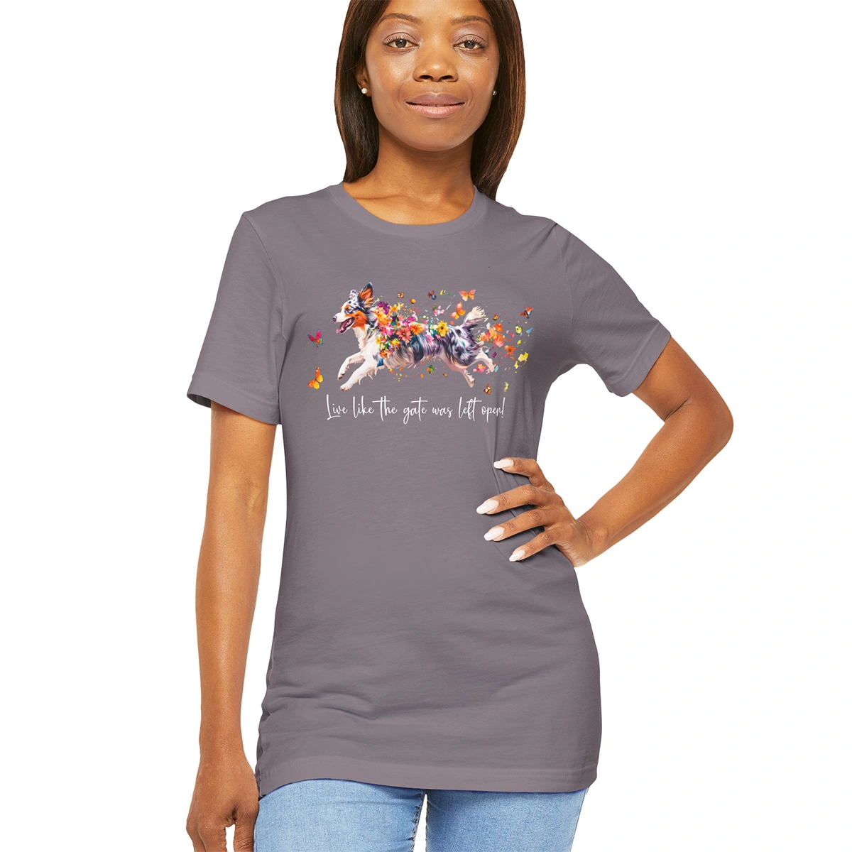 Border Collie, Blue Merle 'Live like the gate was left open' T shirt