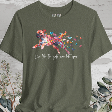 Red Boxer 'Live like the gate was left open' T shirt