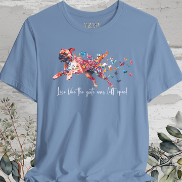 Red Boxer 'Live like the gate was left open' T shirt
