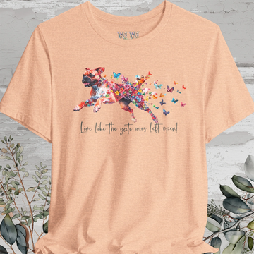 Red Boxer 'Live like the gate was left open' T shirt