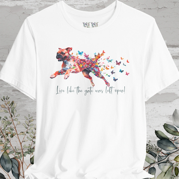 Red Boxer 'Live like the gate was left open' T shirt