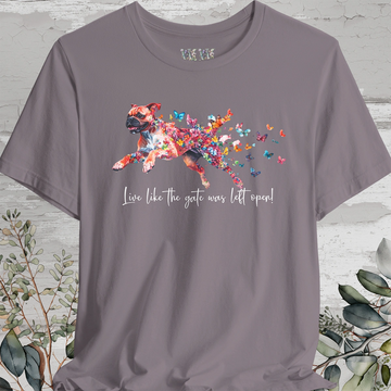 Red Boxer 'Live like the gate was left open' T shirt