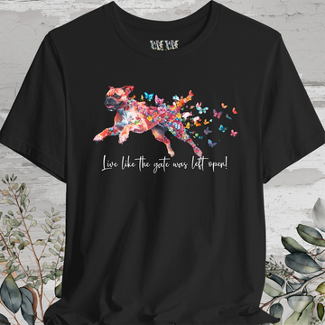 Red Boxer 'Live like the gate was left open' T shirt