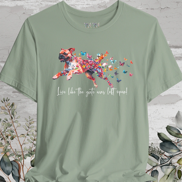 Red Boxer 'Live like the gate was left open' T shirt