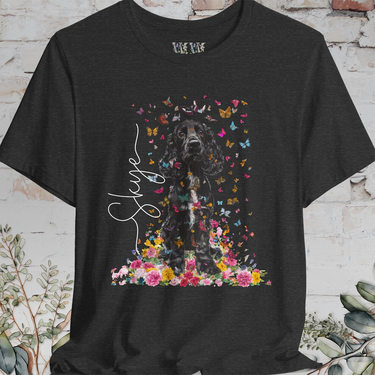 Black & White Cocker Spaniel Foral personalized T shirt