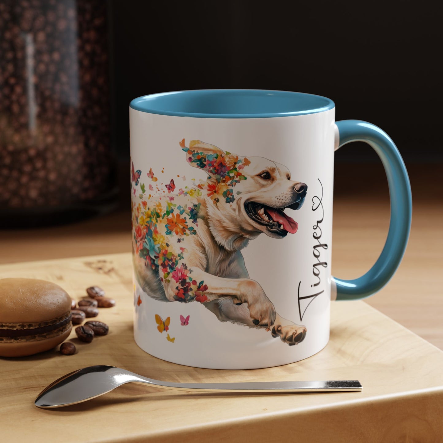 White Labrador running personalized colourful Mugs, 11oz