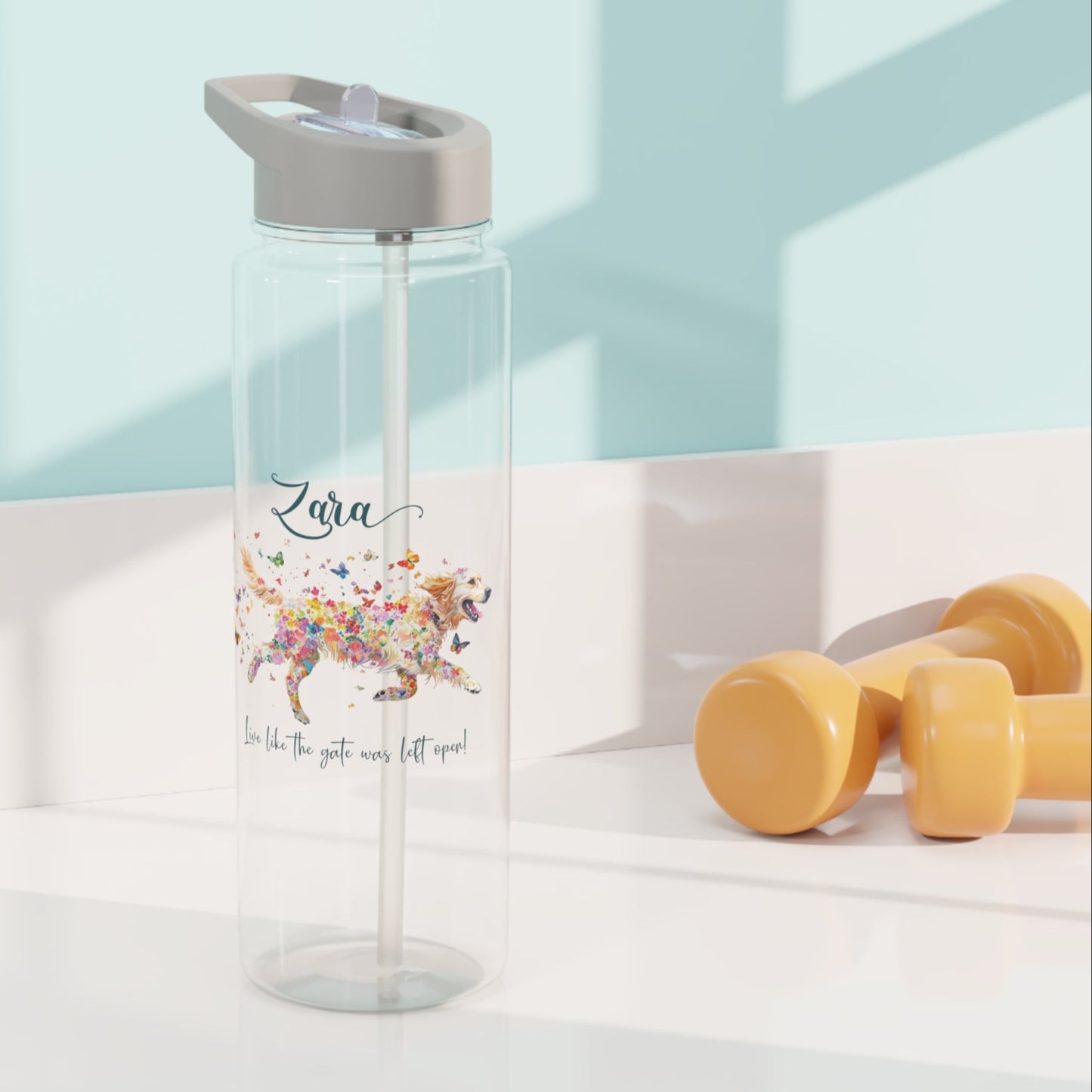 Water Bottle, Personalized, Golden Retriever "Live like the gate was left open". 2 sizes