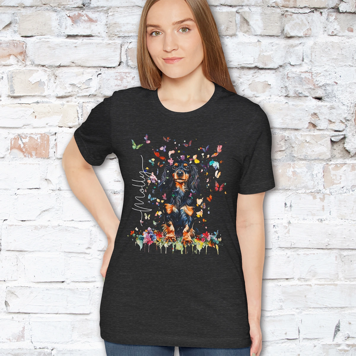 Dachshund - long hair #1 Floral Personalized T shirt