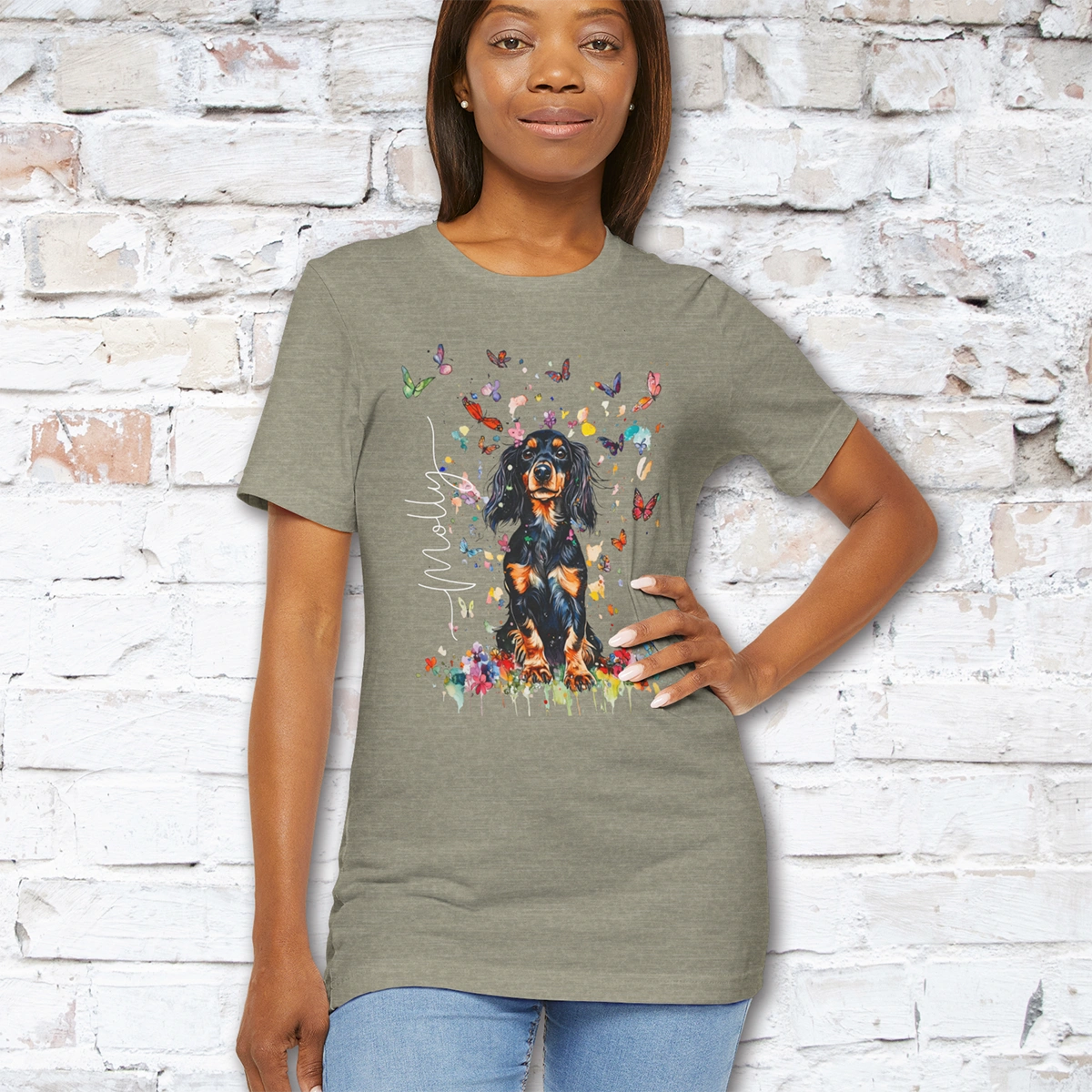 Dachshund - long hair #1 Floral Personalized T shirt