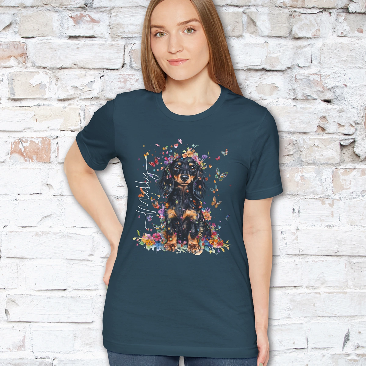 Dachshund - long hair #2 Floral Personalized T shirt