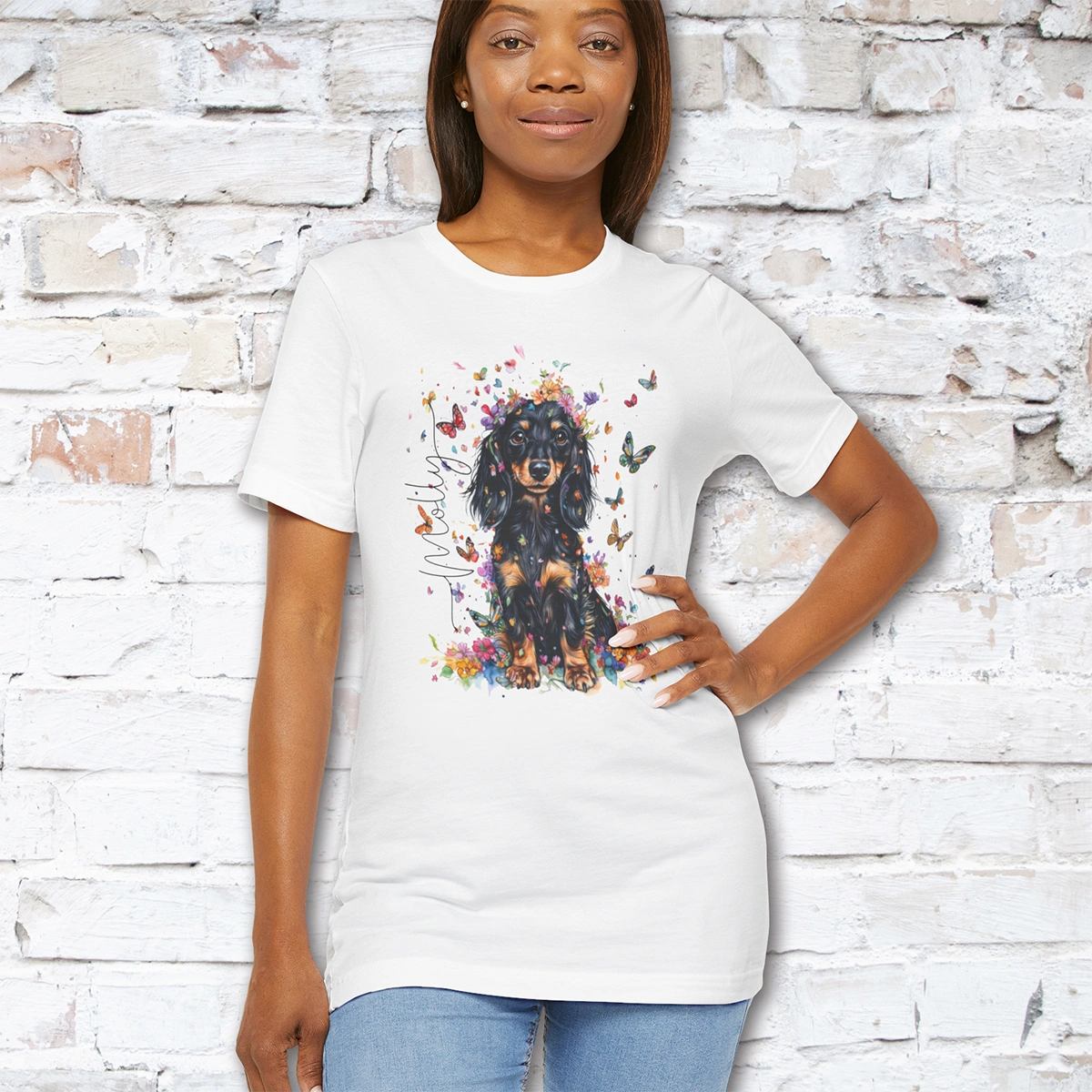 Dachshund - long hair #2 Floral Personalized T shirt